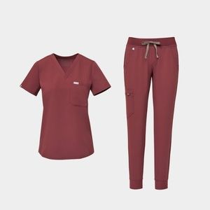 Figs Zamora Dark Cherry high waisted pants(Small) & one pocket top(X-Small)